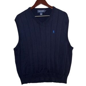 Polo Golf Ralph Lauren Mens Navy V Neck Sweater Vest Cotton USA Made XL